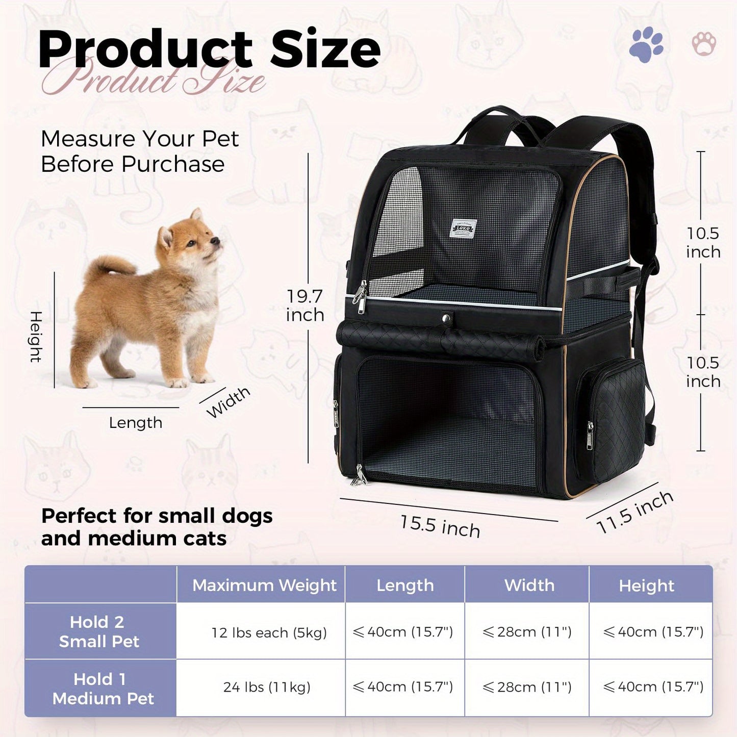 Cat Backpack Carrier For 2 Cats, Double-Compartment Pet Carrier Backpack For Two Small Cats Or One Medium Dog, Cats Carrier Backpack Dog Carrier Backpack Fits Up To 24 Lbs