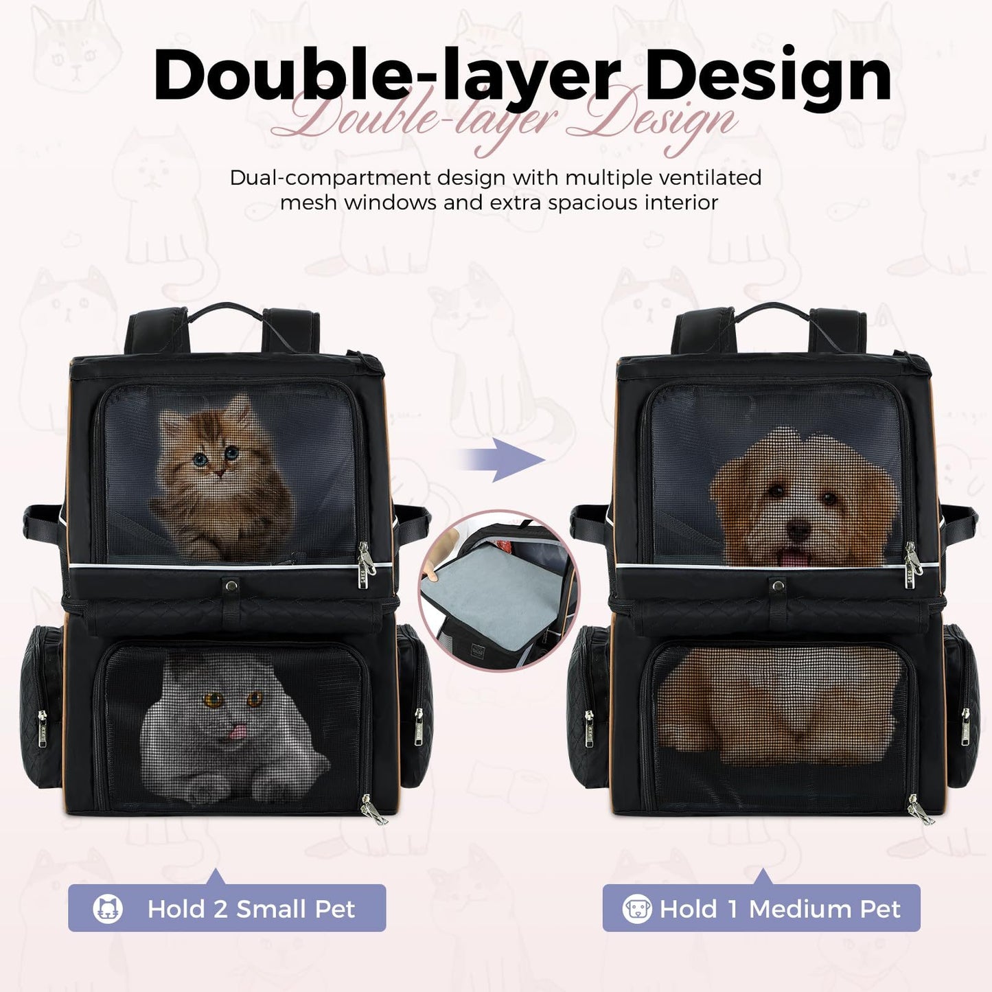 Cat Backpack Carrier For 2 Cats, Double-Compartment Pet Carrier Backpack For Two Small Cats Or One Medium Dog, Cats Carrier Backpack Dog Carrier Backpack Fits Up To 24 Lbs