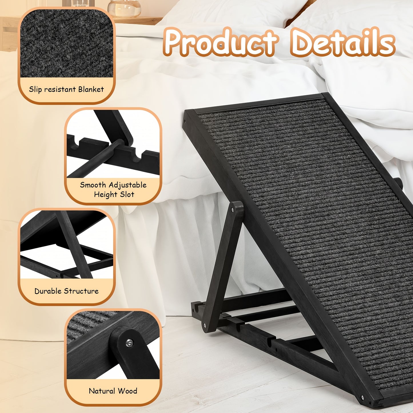 Adjustable Pet Ramp for Dogs and Cats, Portable Folding Wooden Staircase, 200 lbs Load Capacity, Lightweight Design for SUV, Bed, Couch, Suitable for Extra Small to Medium Breeds, Polyester Fiber Material, Dog Stairs